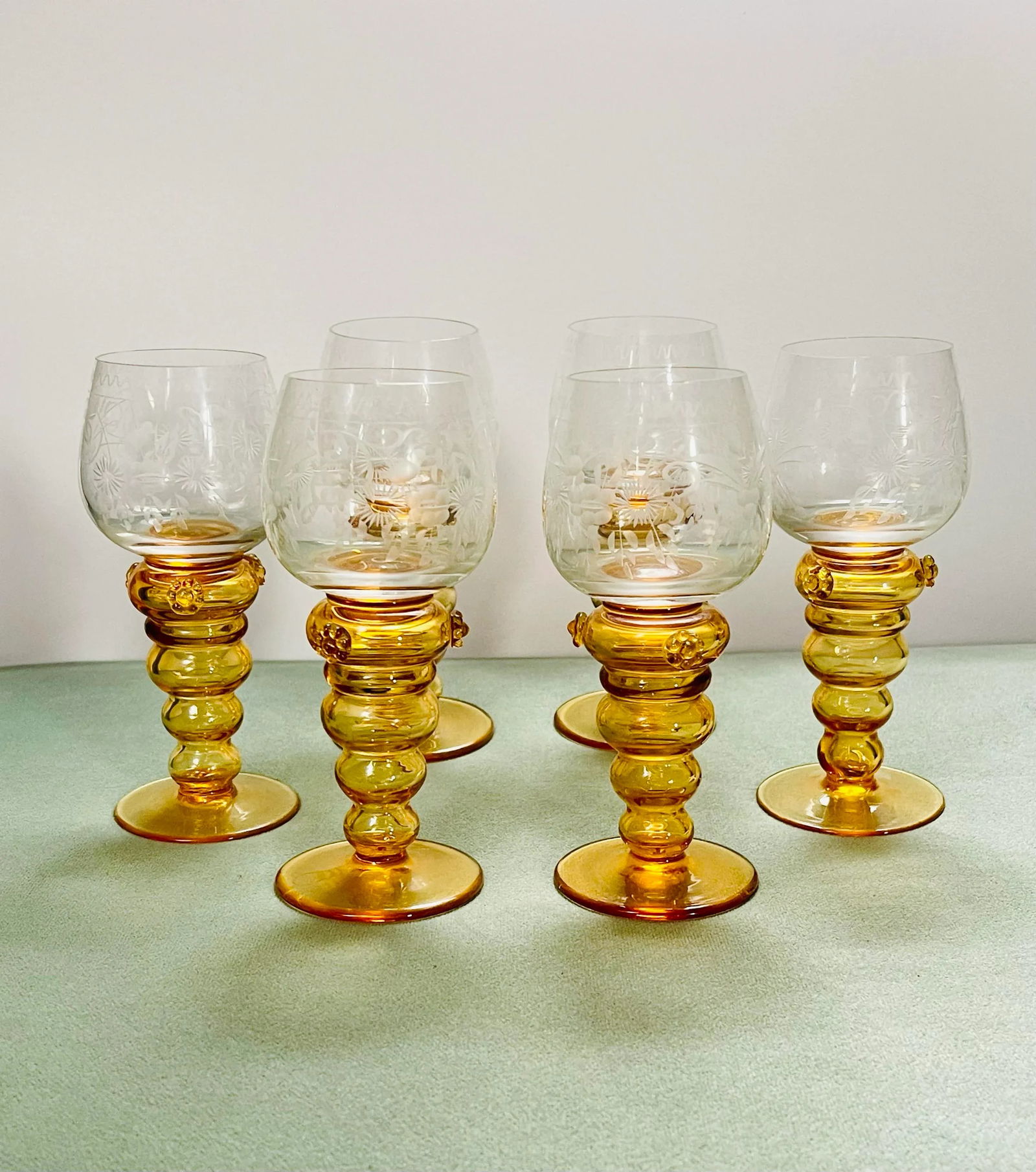 Vintage Theresienthal Etched Orange Crystal Wine Glasses- Set of 6 - 2