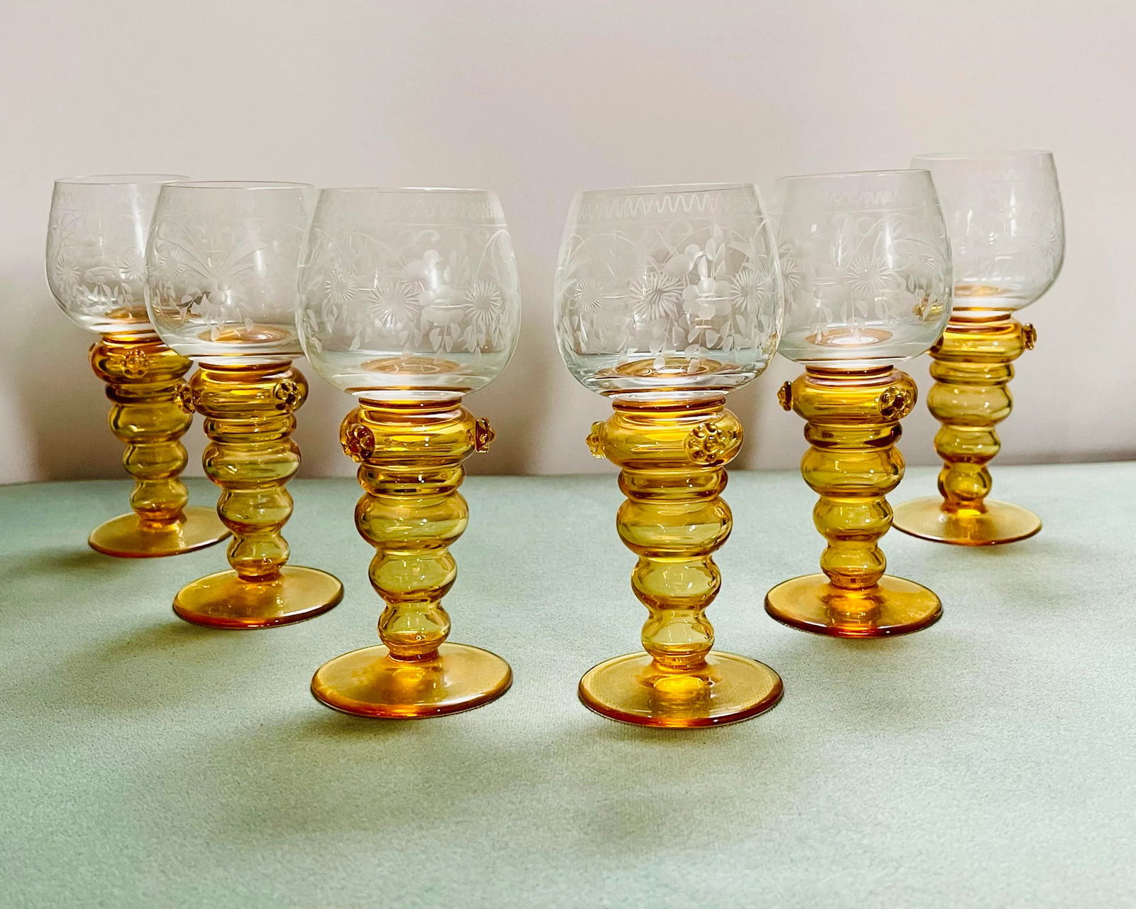 Vintage Theresienthal Etched Orange Crystal Wine Glasses- Set of 6 - 6