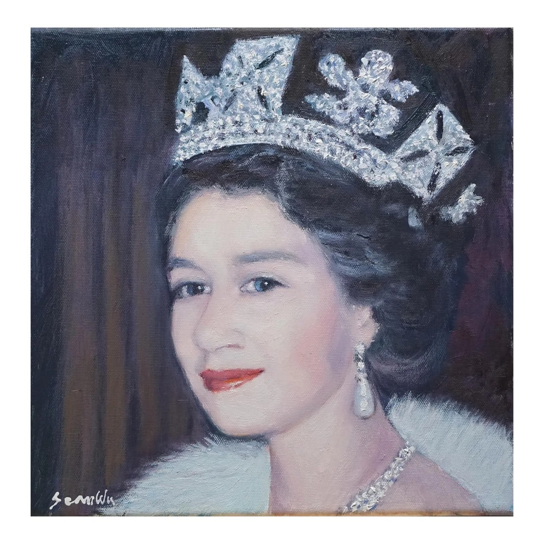 Original Oil Portrait Painting of Queen Elizabeth II: Original oil portrait by Sean Wu. Young Queen Elizabeth II Condition: Imperfections: No Imperfections Condition Notes: brand new Dimensions: Height: 12 in. Width: 12 in. Depth: 0.6 in. Category: Paint