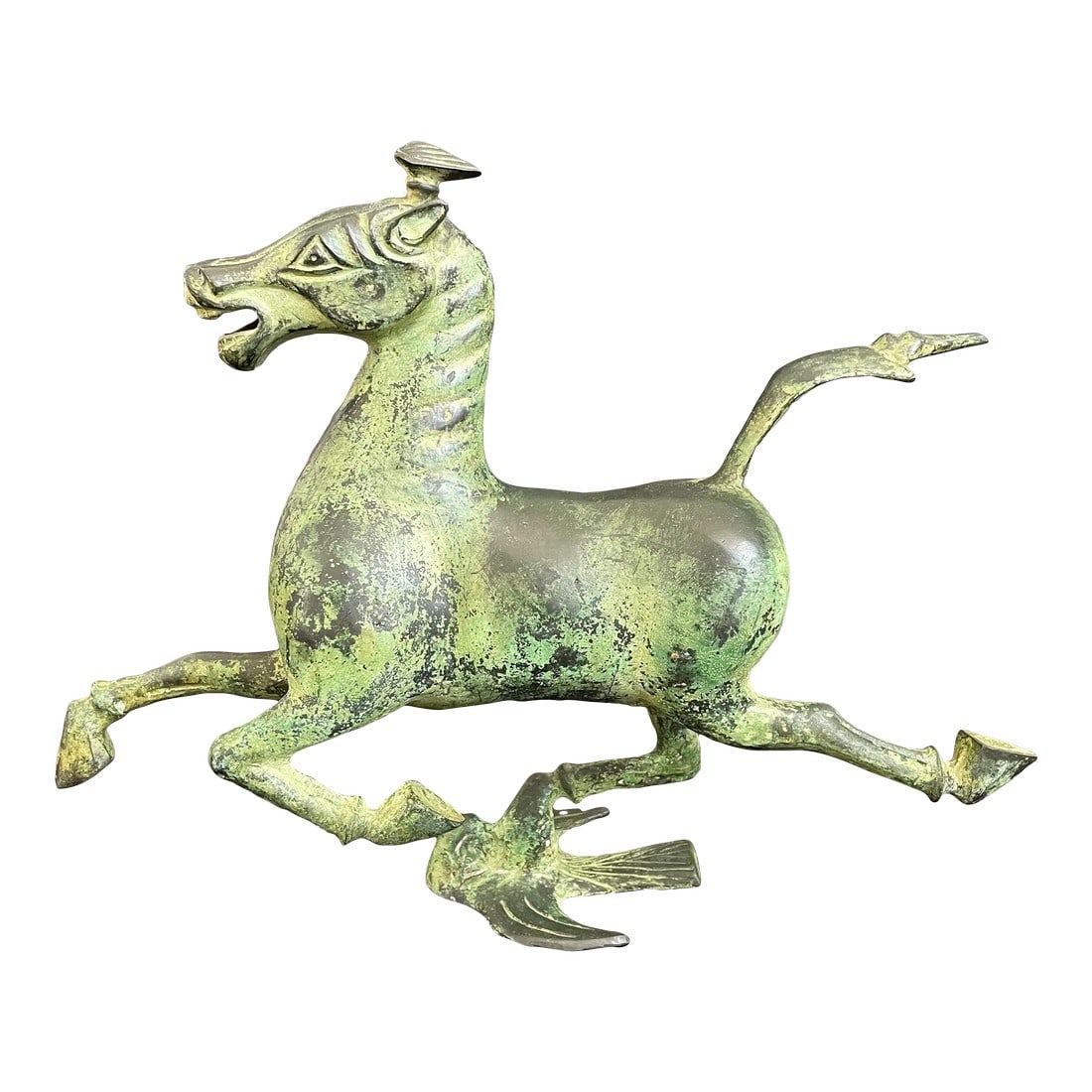 Replica of the 2nd Century Chinese Flying Horse on Swallow Bronze Sculpture: A replica of the renowned Second-Century Chinese Flying Horse of the Han Dynasty. Crafted from hollow bronze with intricate details. Good condition, with slight white corrosion buildups, primarily on