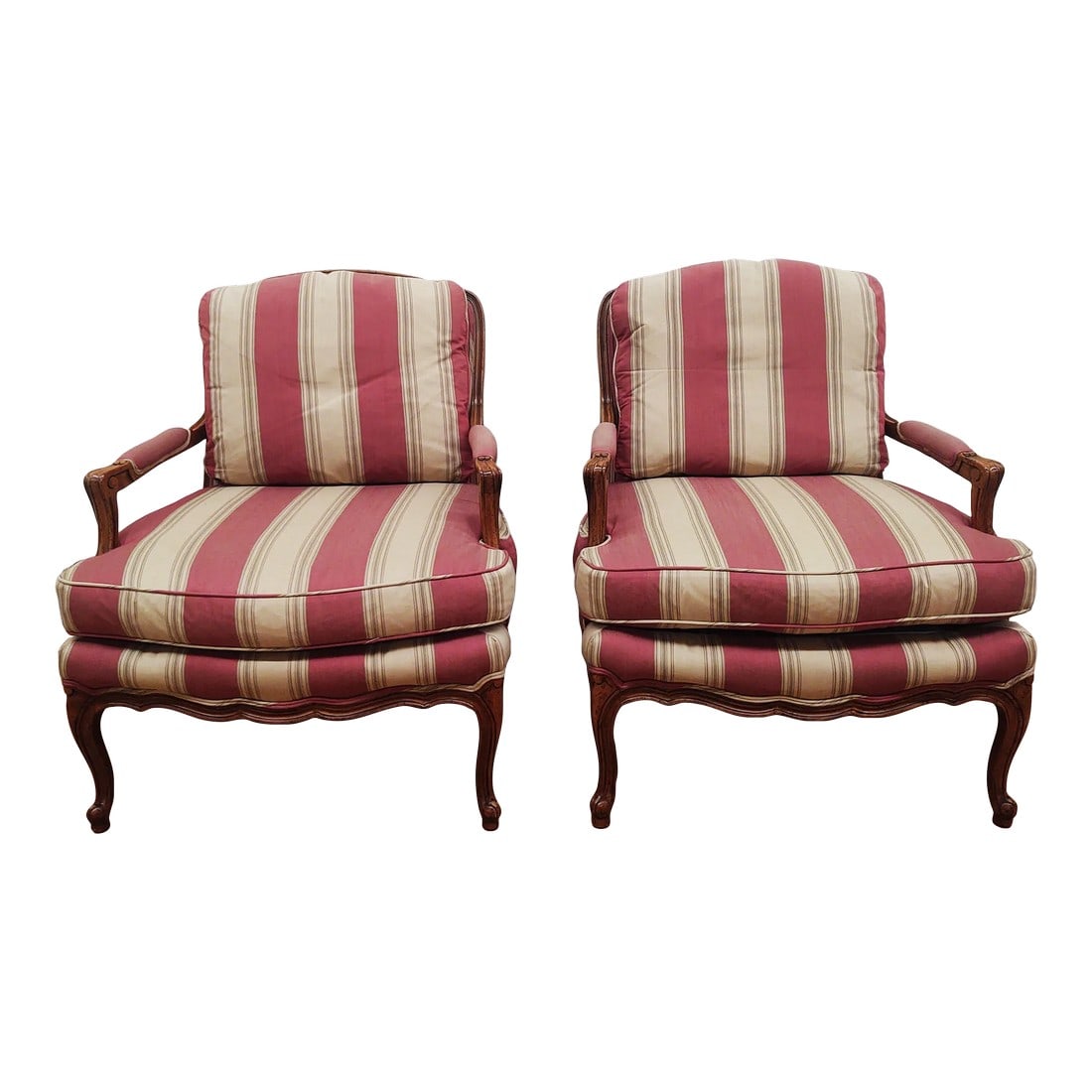 1980s Baker Furniture French Provincial Louis XV Chairs-A Pair: A gorgeous pair of French Provincial Louis XV style chairs. Made by Baker Furniture Circa 1980s. Frame is carved walnut, with down stuffed seat and back cushion. Condition: Alterations: Original Condi