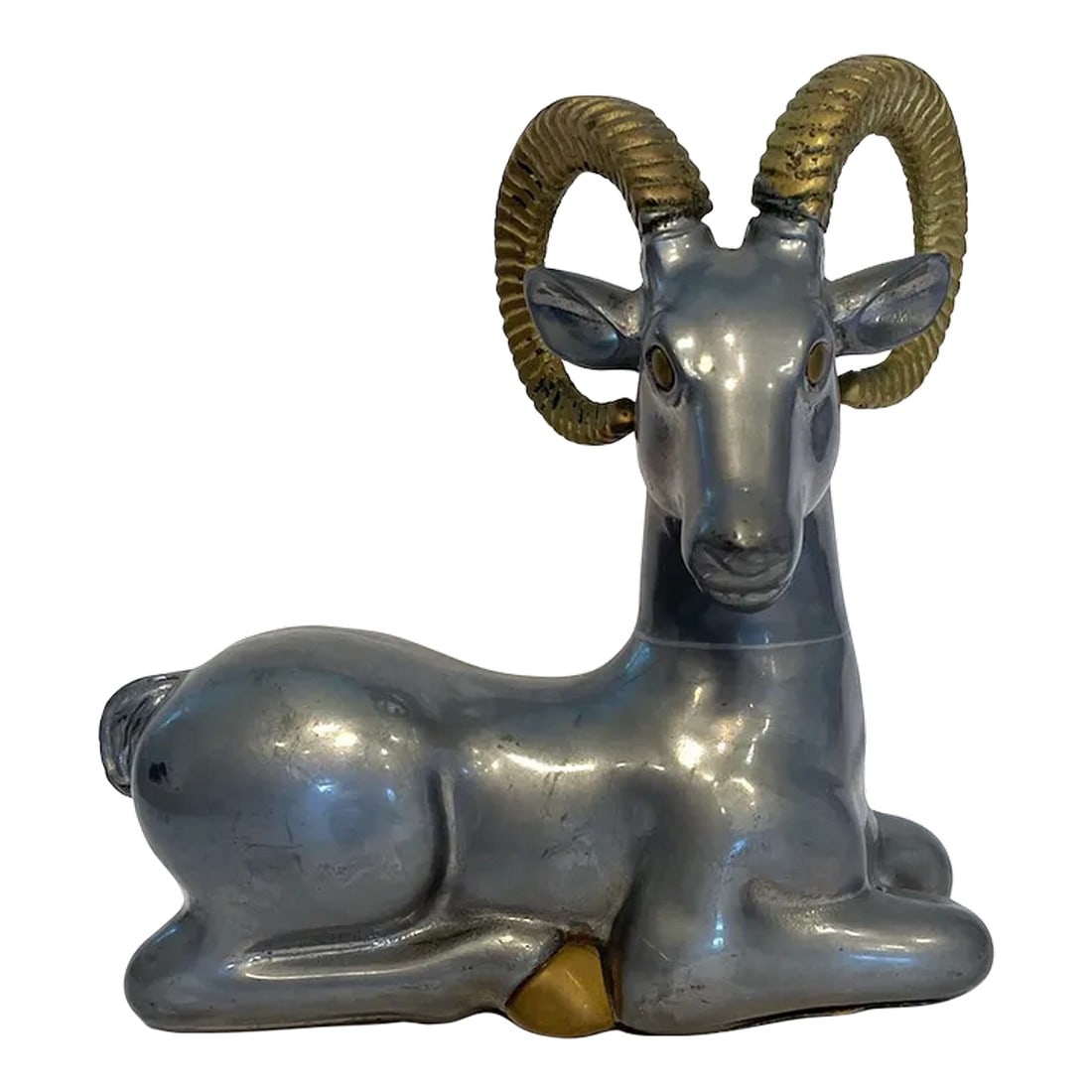 Mid 20th Century Pewter and Brass Ram Sculpture in the Style of Anthony Redmile: Mid-Century Pewter and Brass ram sculpture in the style of Anthony Redmile. Pewter body accented with brass tone horns, eyes and feet. Elegant recumbent pose. Unmarked. Condition: Alterations: Origina