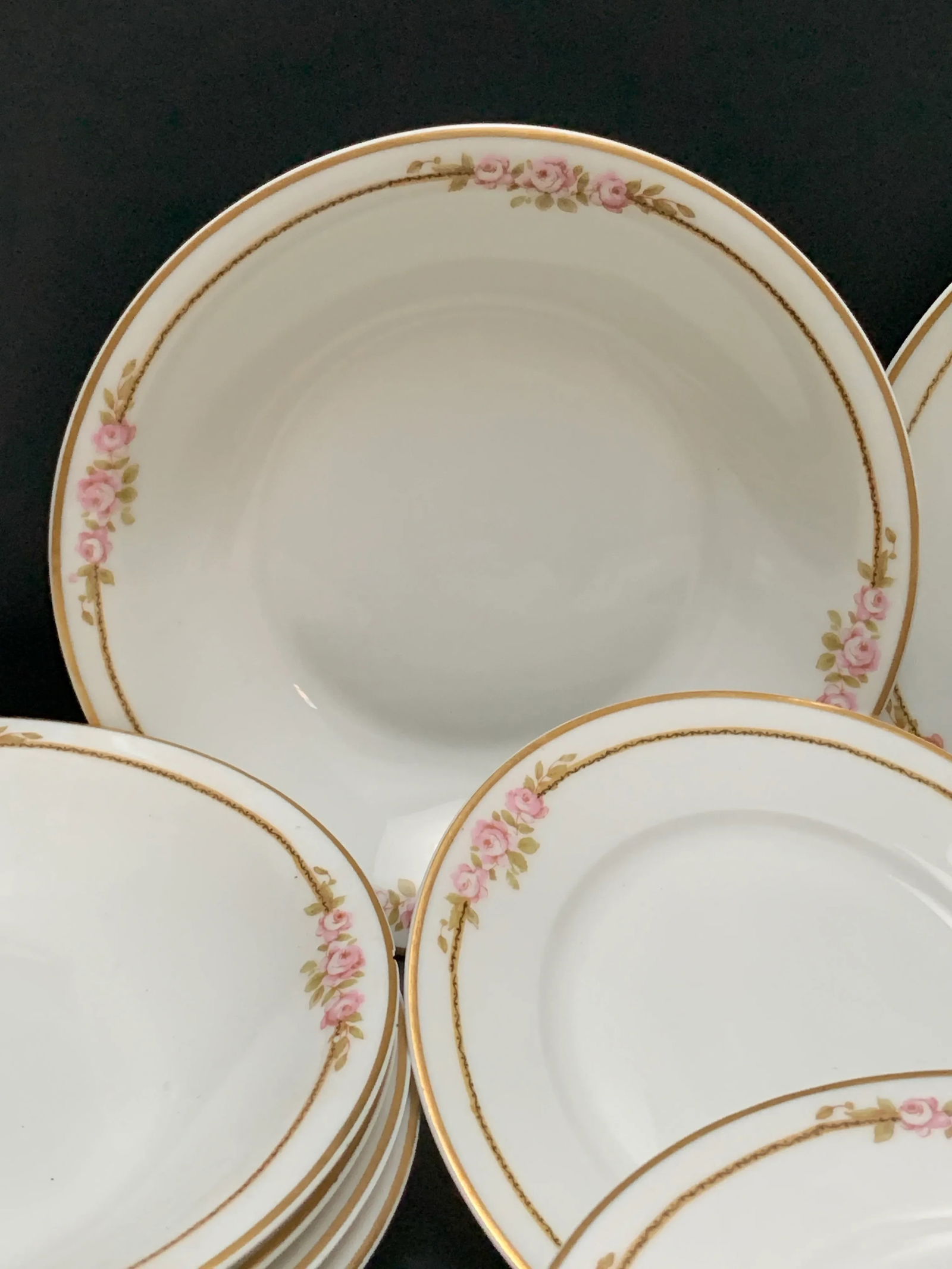 French Limoges Vintage Pink Rosette Patterned China Plates and Bowls, Set of Nineteen - 10