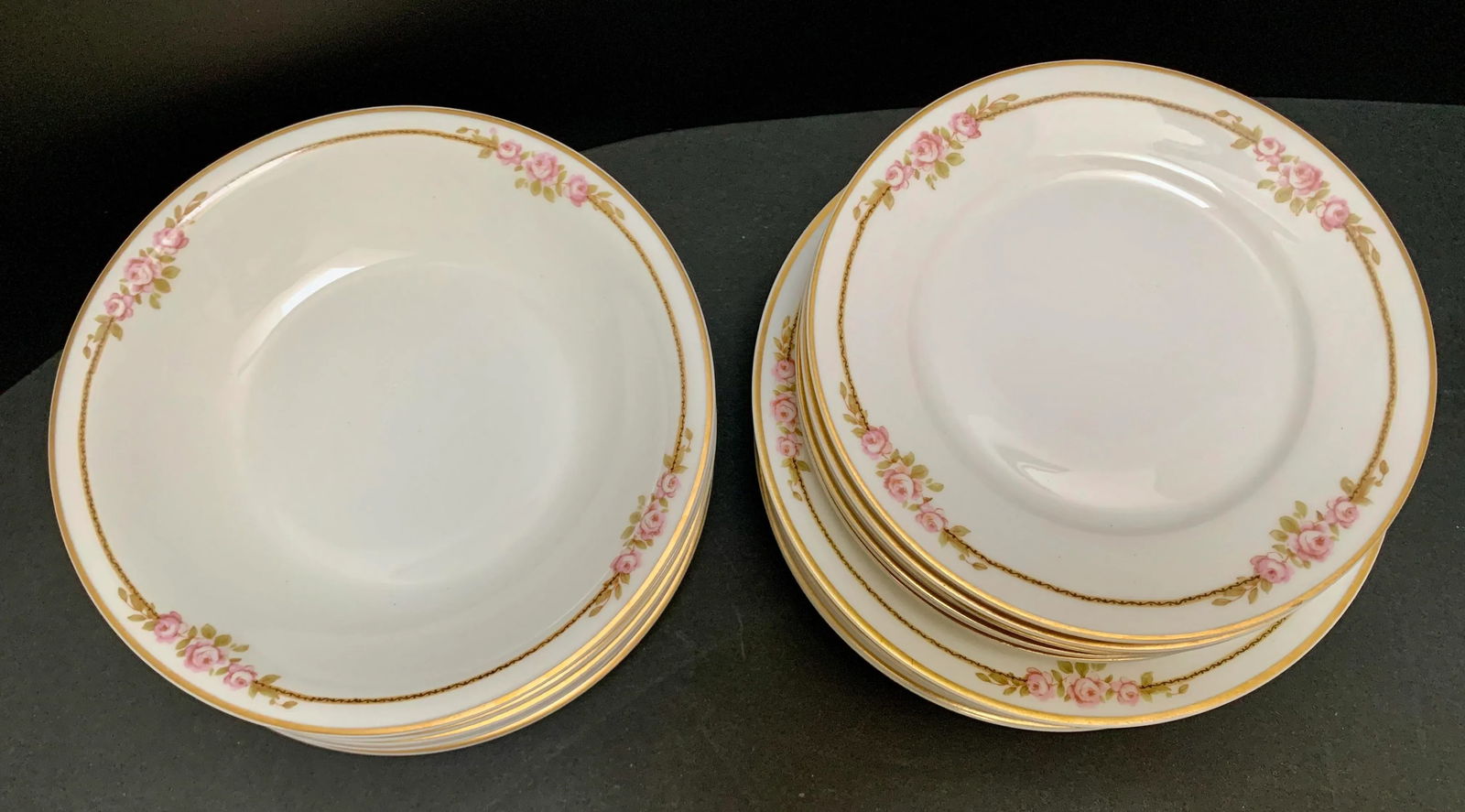 French Limoges Vintage Pink Rosette Patterned China Plates and Bowls, Set of Nineteen - 3