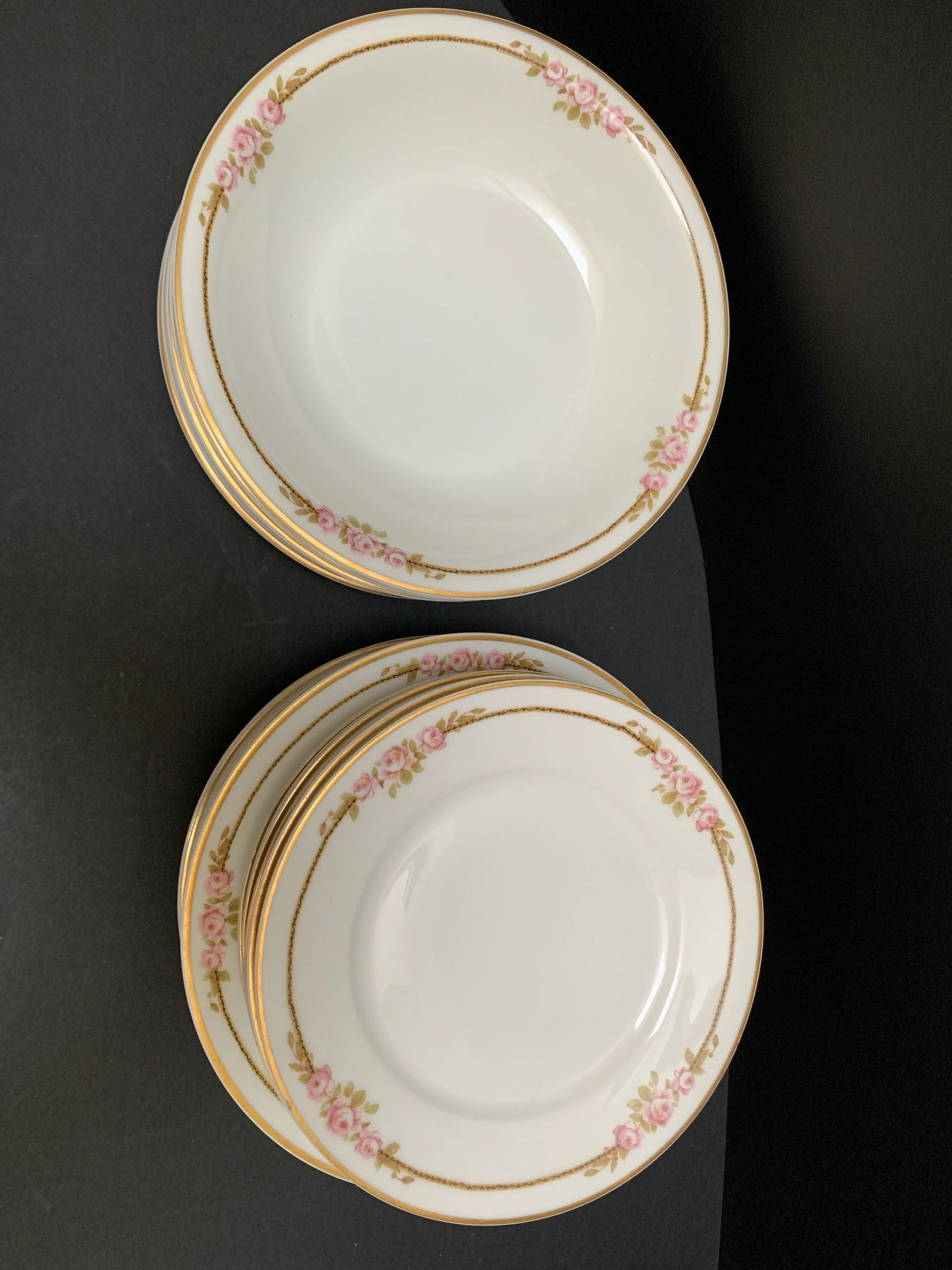 French Limoges Vintage Pink Rosette Patterned China Plates and Bowls, Set of Nineteen - 5