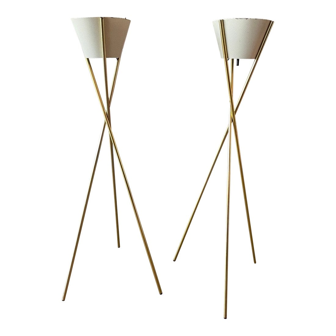 Pair of Gerald Thurston Lightolier Tripod Floor Lamps, Early 50s Design: Reasonable offers accepted. Pair of Gerald Thurston for Lightolier Tripod Floor Lamps in Brass with off white diffuser shades. An iconic, very early 1950s, Gerald Thurston design for Lightolier. Being
