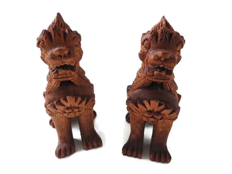 1950s Thai Carved Wood Singha Temple Lion Figurines Set of 2 - 10