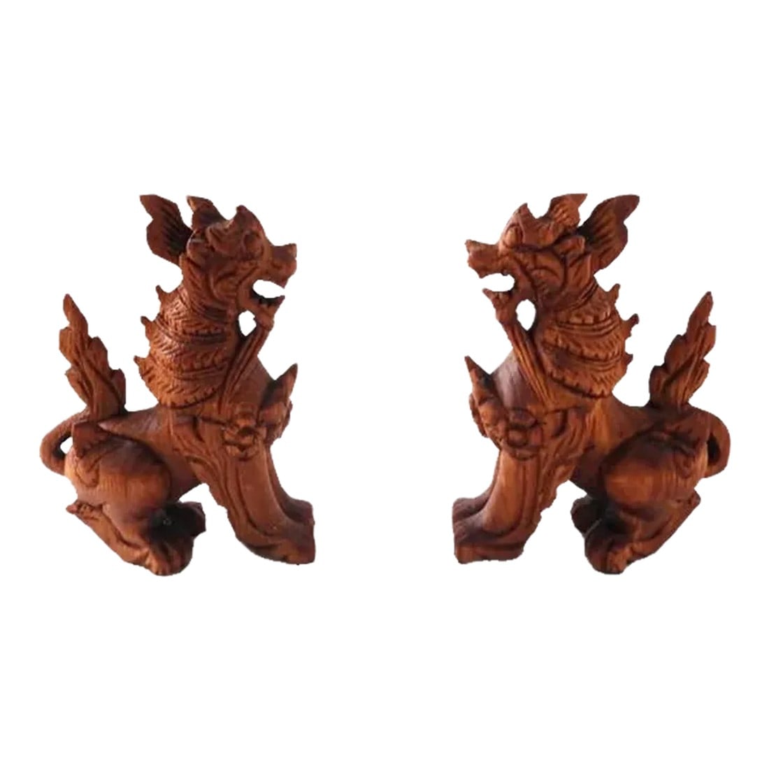 1950s Thai Carved Wood Singha Temple Lion Figurines Set of 2 (1 of 10)