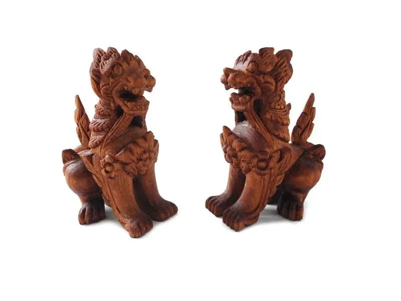 1950s Thai Carved Wood Singha Temple Lion Figurines Set of 2 - 3
