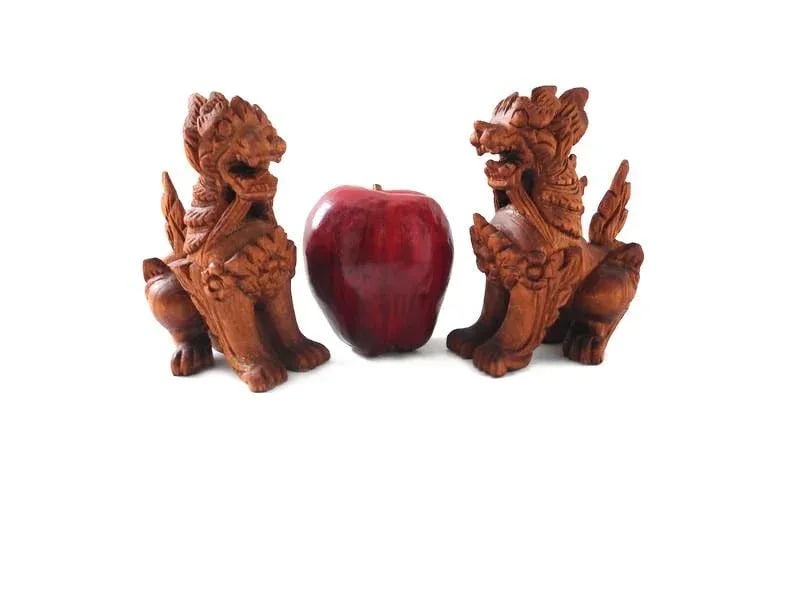 1950s Thai Carved Wood Singha Temple Lion Figurines Set of 2 - 4