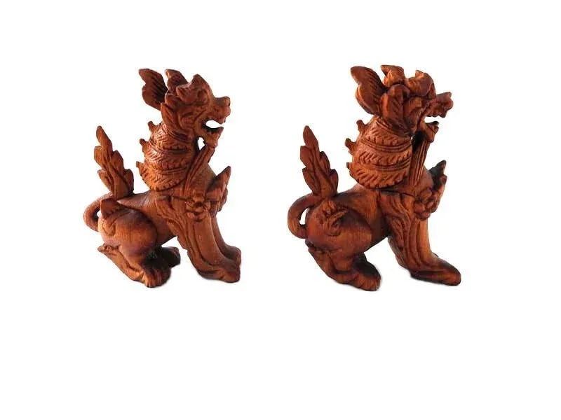 1950s Thai Carved Wood Singha Temple Lion Figurines Set of 2 - 6