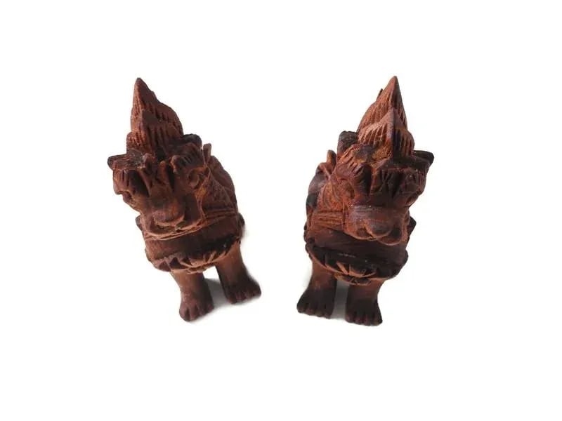 1950s Thai Carved Wood Singha Temple Lion Figurines Set of 2 - 9