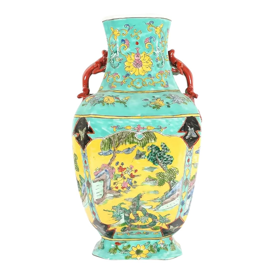 Large Late 20th Century Yellow and Blue-Green Chinese Vase With Red Handles: Unique Large Chinese vase in Yellow and Blue-Green with Red handles. It's 16"H and bears a maker's mark. Condition: Alterations: Original Condition Unaltered Imperfections: Some Imperfections Conditio