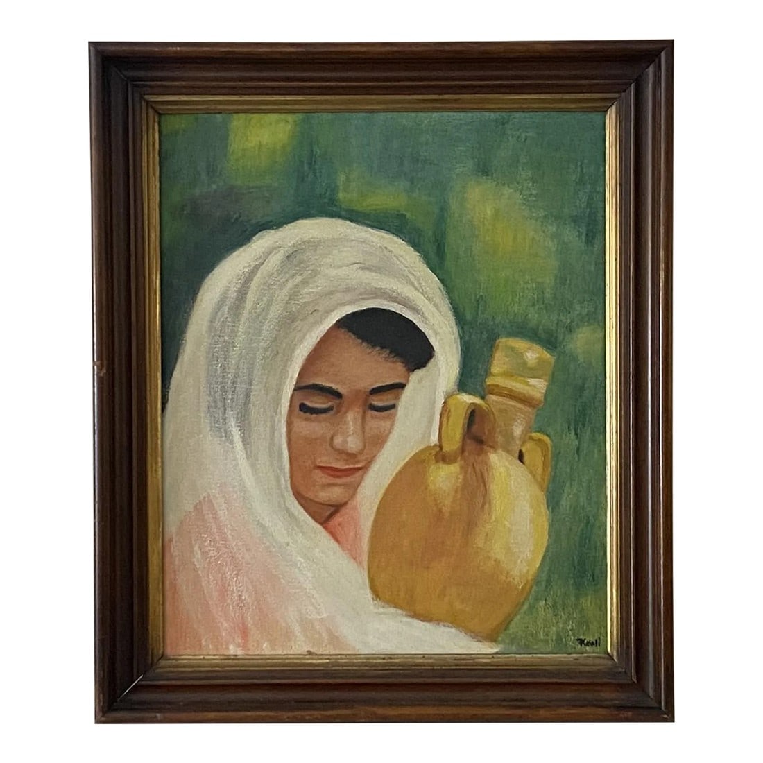 Vintage 1969 Portrait Painting on Canvas - Signed: Beautiful vintage 1969 painting on canvas of a portrait of a woman. Painting was signed 'Knoll' at the bottom of painting. Painting is framed in a vintage wood frame - some dings to frame. Back of por