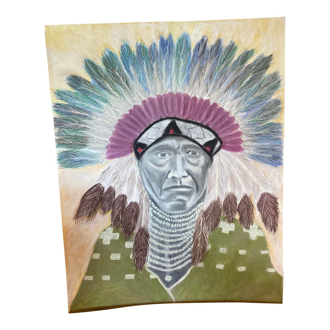 Original Folk Art Pastel Drawing of an Indian Chief: American Indian Chief with a colorful headdress. This drawing is on Canson paper and soft pastels were used. Condition: Imperfections: No Imperfections Dimensions: Height: 24 in. Width: 19 in. Depth: