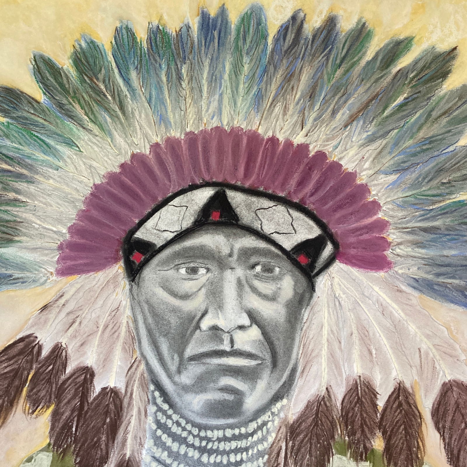 Original Folk Art Pastel Drawing of an Indian Chief - 2