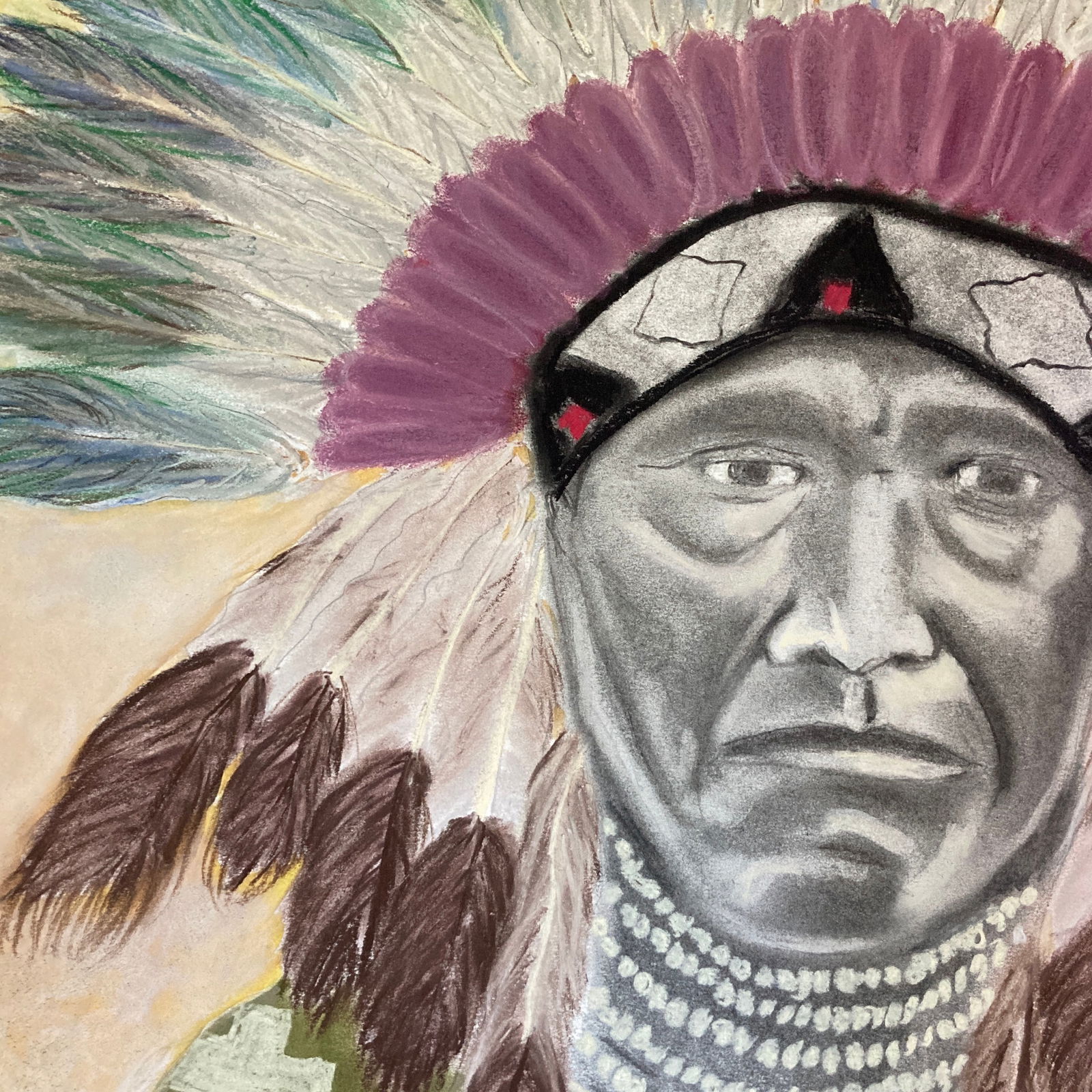 Original Folk Art Pastel Drawing of an Indian Chief - 3