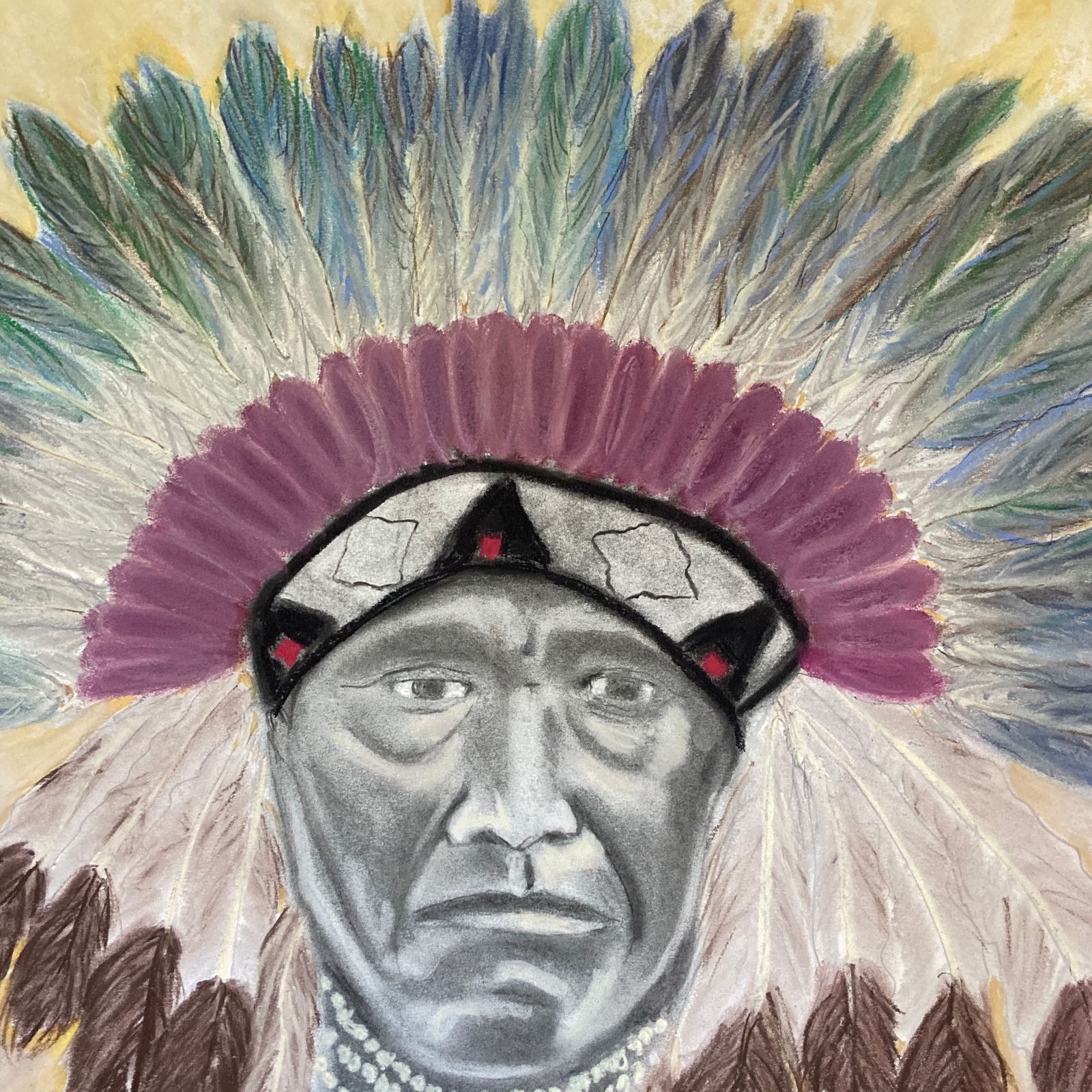 Original Folk Art Pastel Drawing of an Indian Chief - 4