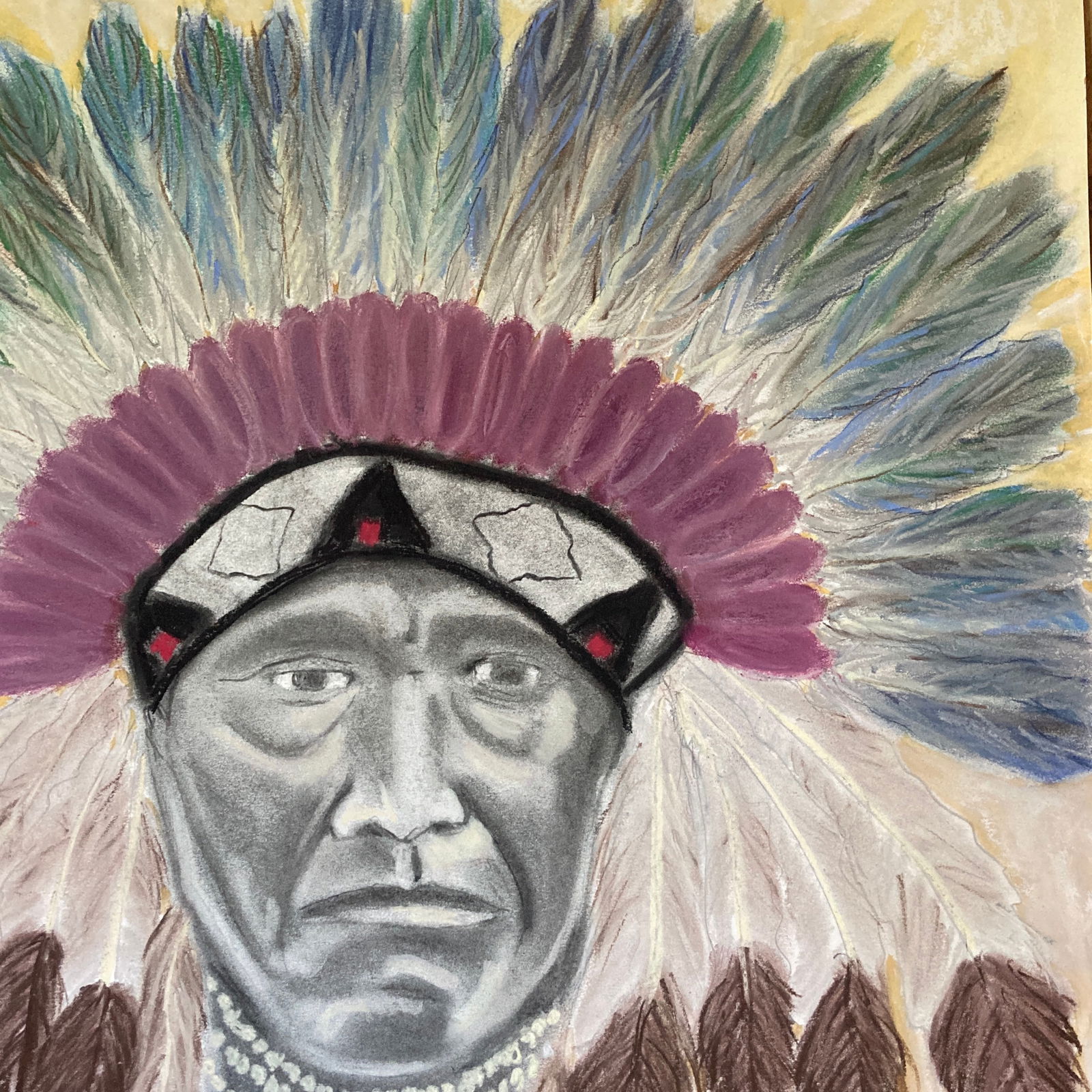 Original Folk Art Pastel Drawing of an Indian Chief - 5