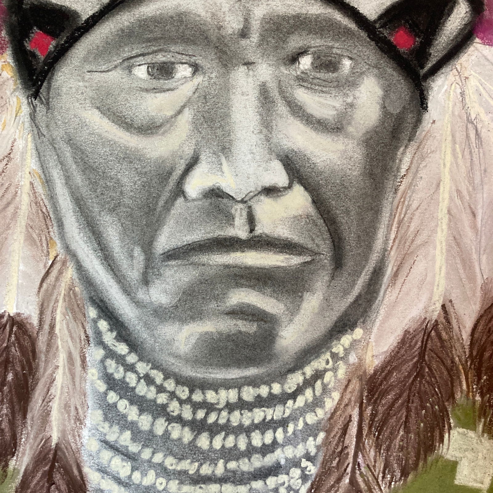 Original Folk Art Pastel Drawing of an Indian Chief - 7