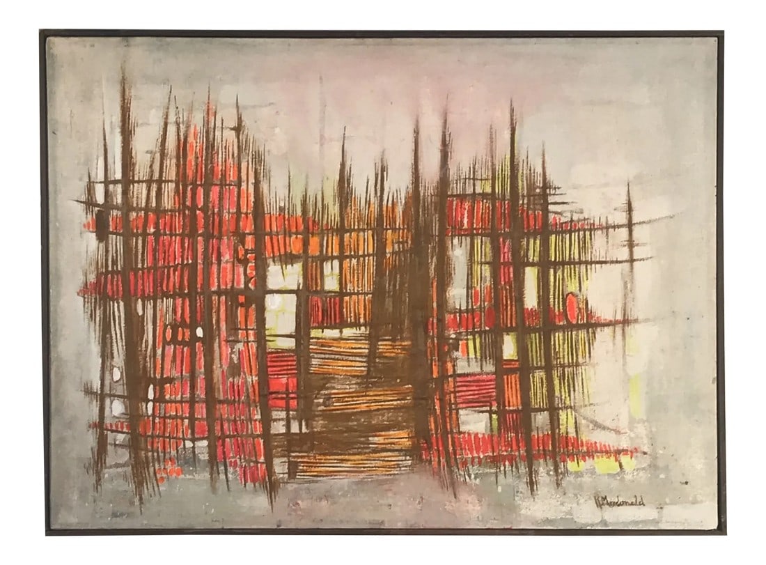 1970s Vintage Modernist Abstract Acrylic on Canvas Painting: Bold, multi-colored abstract modern painting by Chicago artist Robert Mccdonald. The work features heavy brushwork in vibrant colors. Hung horizontally. Artist: Signed R. Mccdonald Condition: Excellen