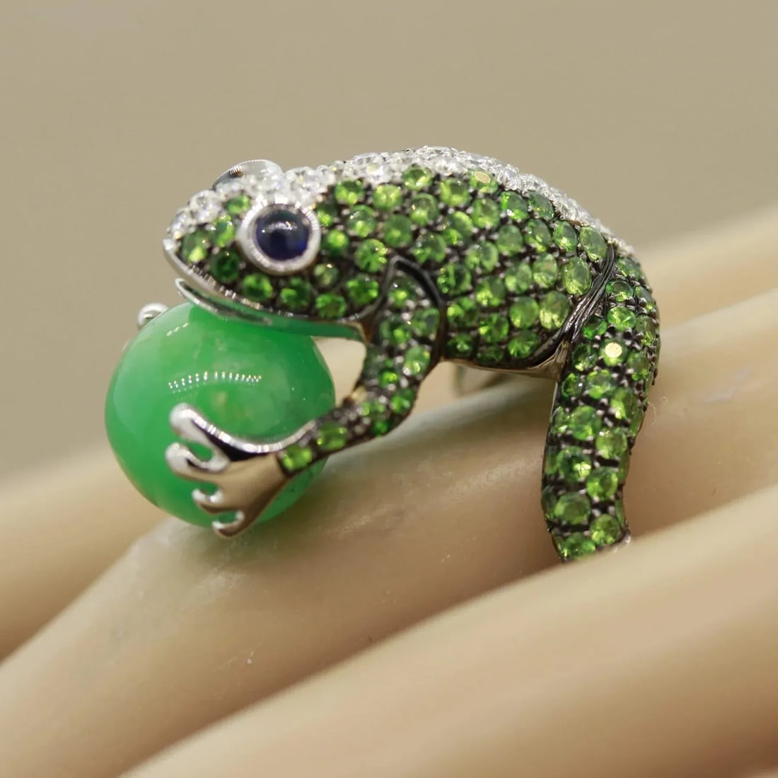 Tsavorite Diamond Sapphire Jade Gold Frog Ring, Size 6.75 - 11