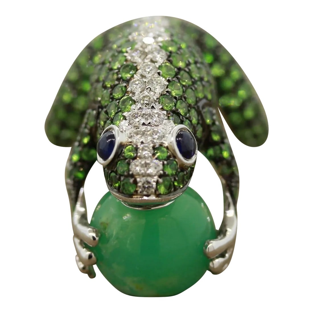 Tsavorite Diamond Sapphire Jade Gold Frog Ring, Size 6.75: A whimsical and fine quality piece featuring 2.87 carats of round cut tsavorite, 0.35 carats of round brilliant cut diamonds and 2 blue sapphires as the frog's eyes. It is holding a jade sphere in its