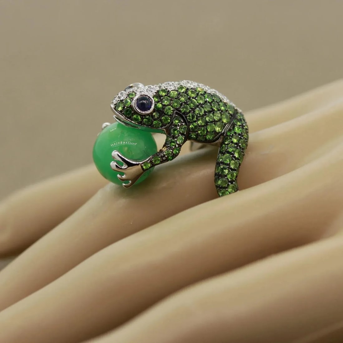 Tsavorite Diamond Sapphire Jade Gold Frog Ring, Size 6.75 - 2