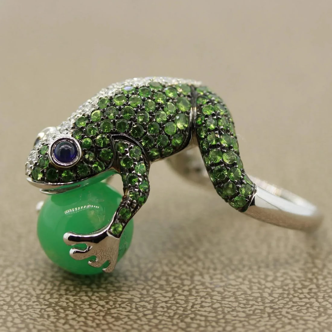 Tsavorite Diamond Sapphire Jade Gold Frog Ring, Size 6.75 - 4