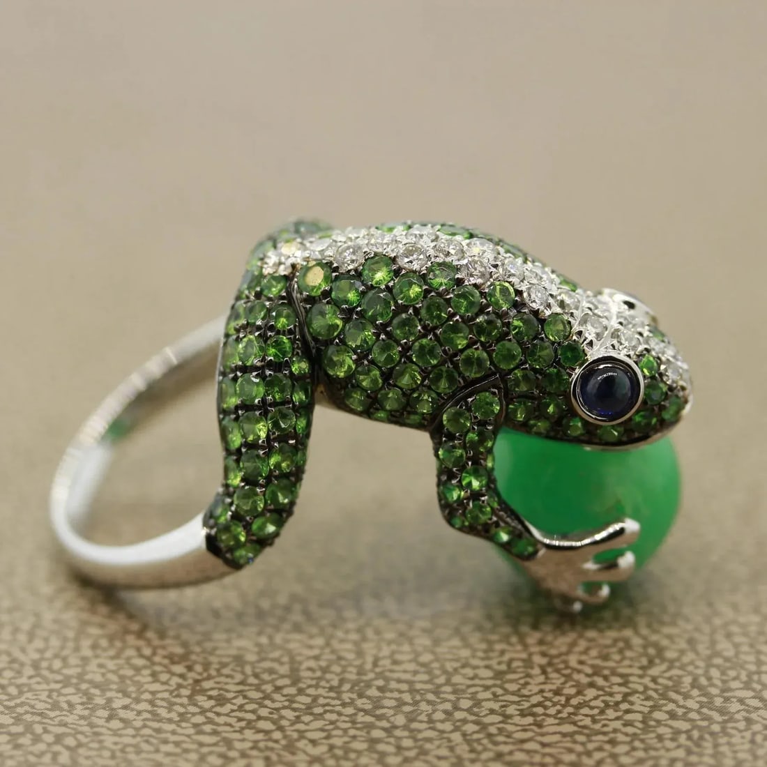 Tsavorite Diamond Sapphire Jade Gold Frog Ring, Size 6.75 - 6