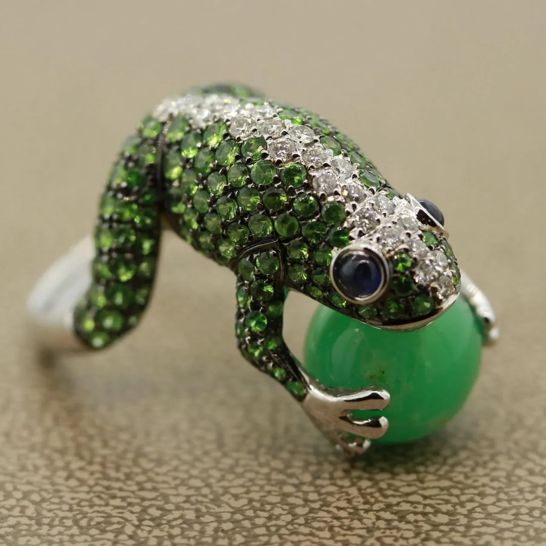 Tsavorite Diamond Sapphire Jade Gold Frog Ring, Size 6.75 - 7