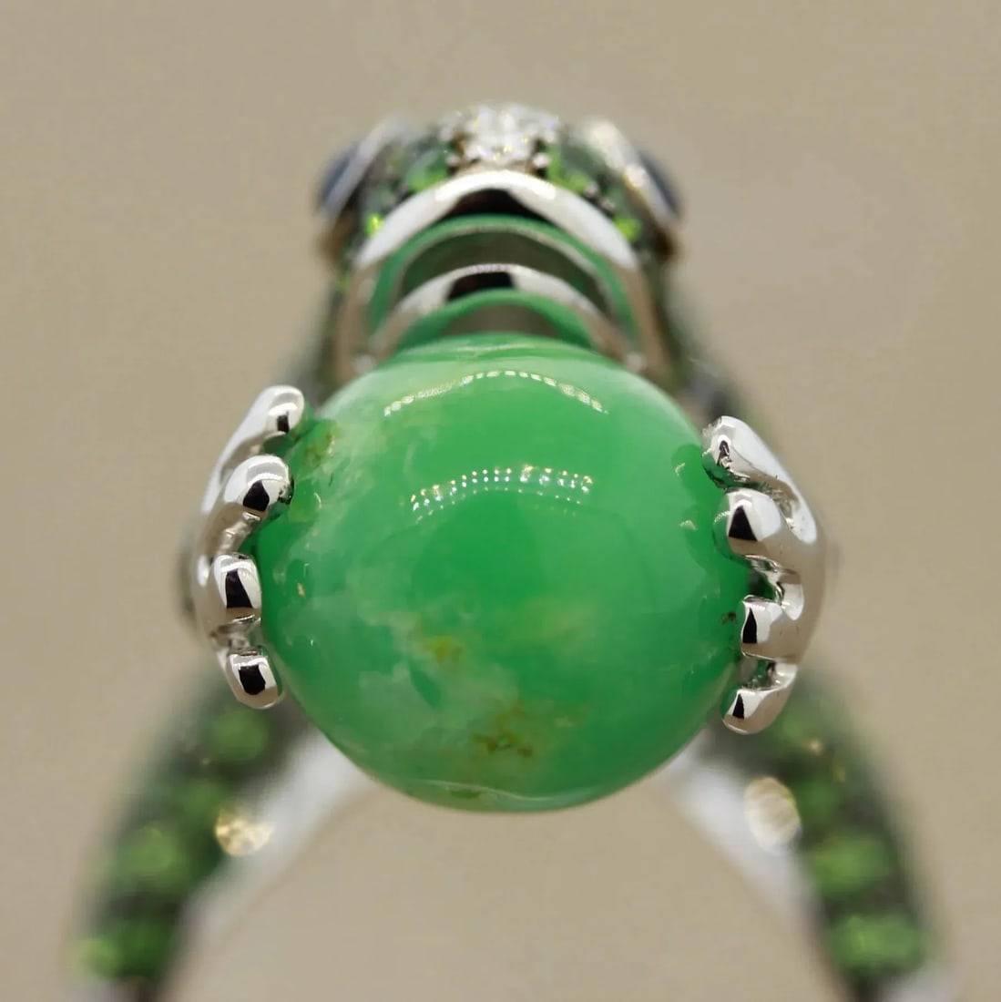 Tsavorite Diamond Sapphire Jade Gold Frog Ring, Size 6.75 - 8