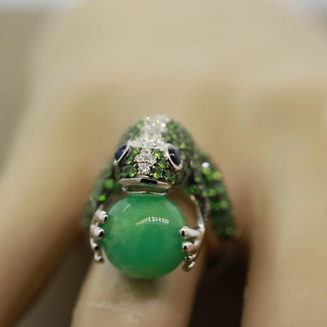 Tsavorite Diamond Sapphire Jade Gold Frog Ring, Size 6.75 - 9