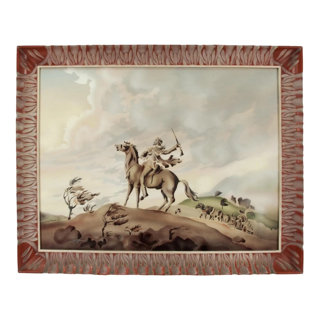 Mid-Century Modern Alex Witteman the Plainsman Airbrush Painting Ca. 1950s, Framed: This is a striking piece dating to the 1950s depicting a vibrant scene of a determined, rifle-toting man on horseback in a windy Western scene with a conestoga wagon coming up a hill in the background