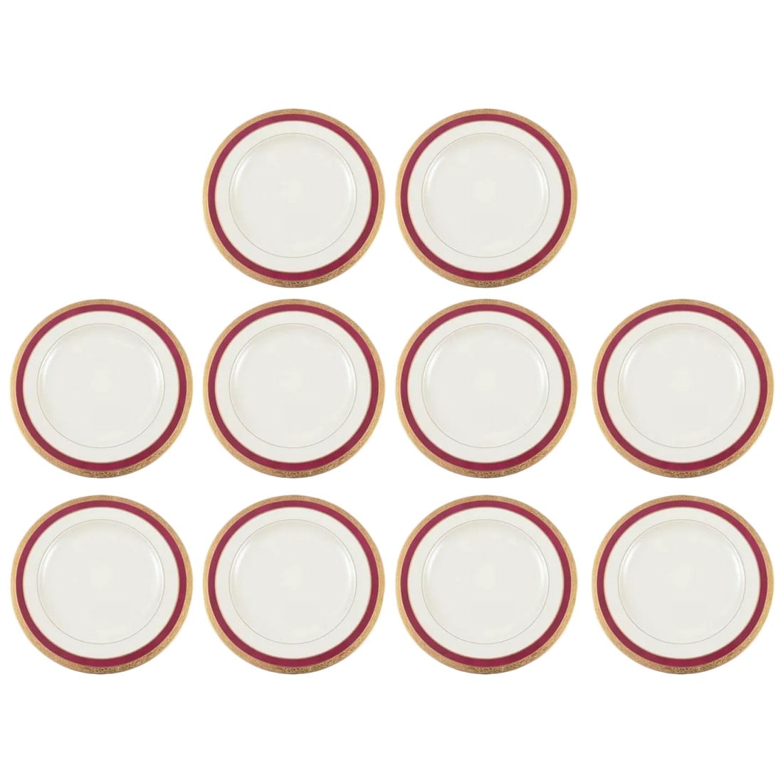 Ten Antique Ruby and Gilt Band Dessert or Salad Plates: A nice sized plate elegantly decorated on the collar with a ruby band and featuring an acid etched 24-karat gold band. Perfect to mix and match in with all your fine tabletop. Condition: Alterations: