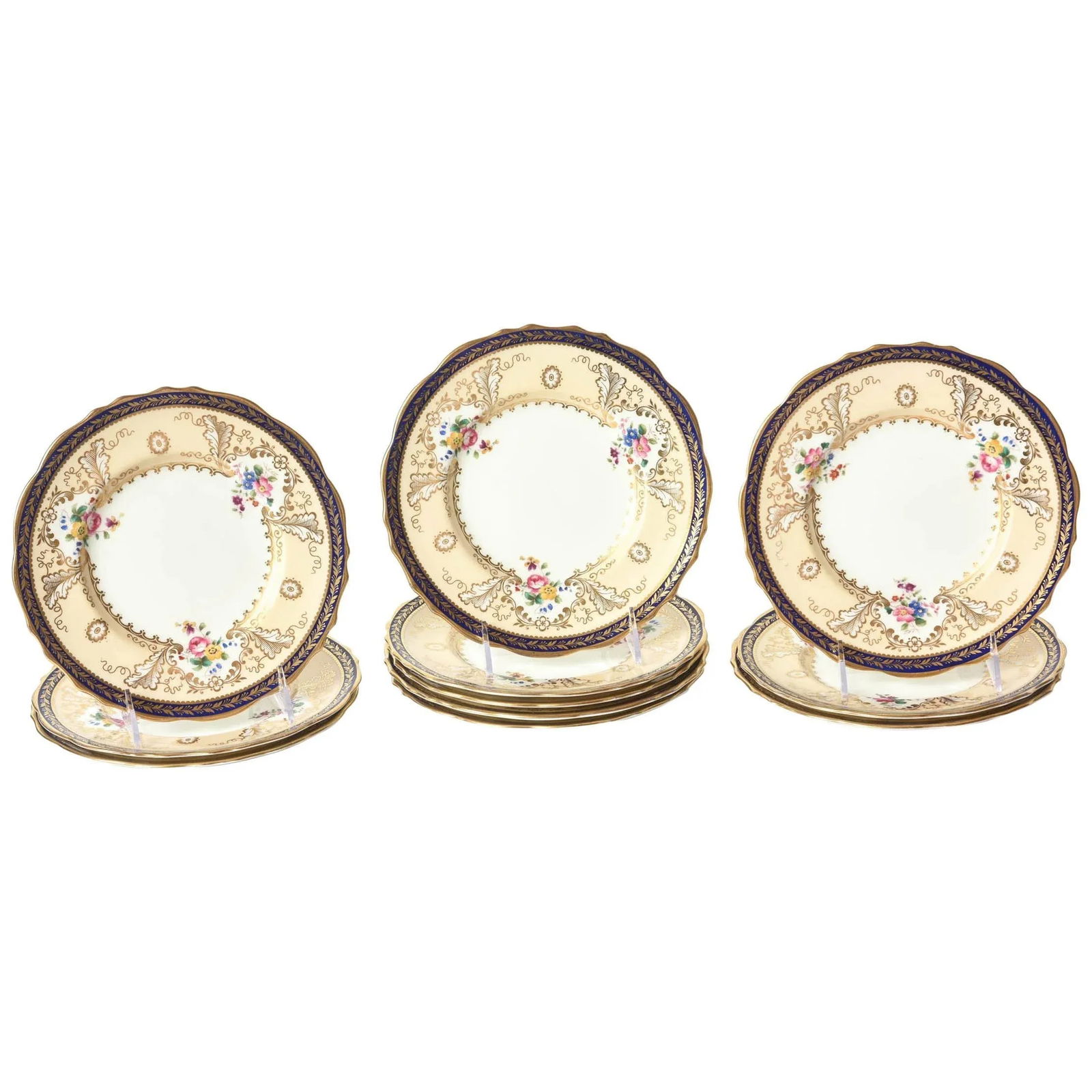 12 Antique English Dessert Plates, Cobalt Blue and Hand-Painted Florals Tiffany - 11