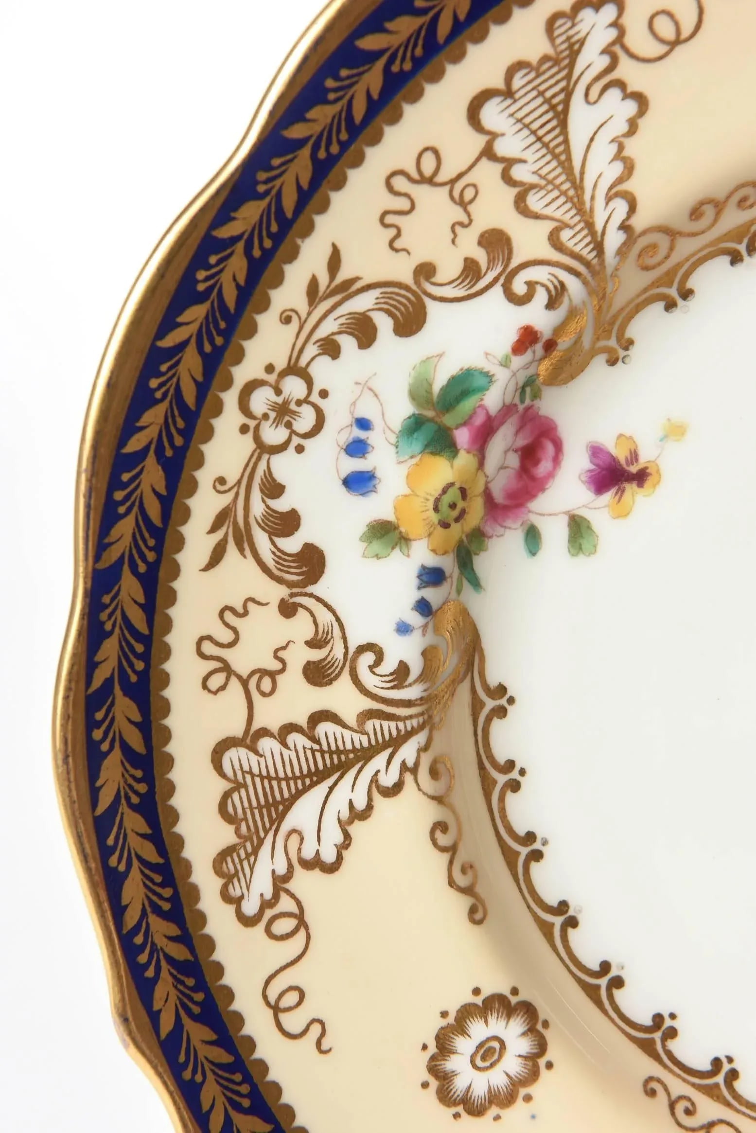 12 Antique English Dessert Plates, Cobalt Blue and Hand-Painted Florals Tiffany - 3