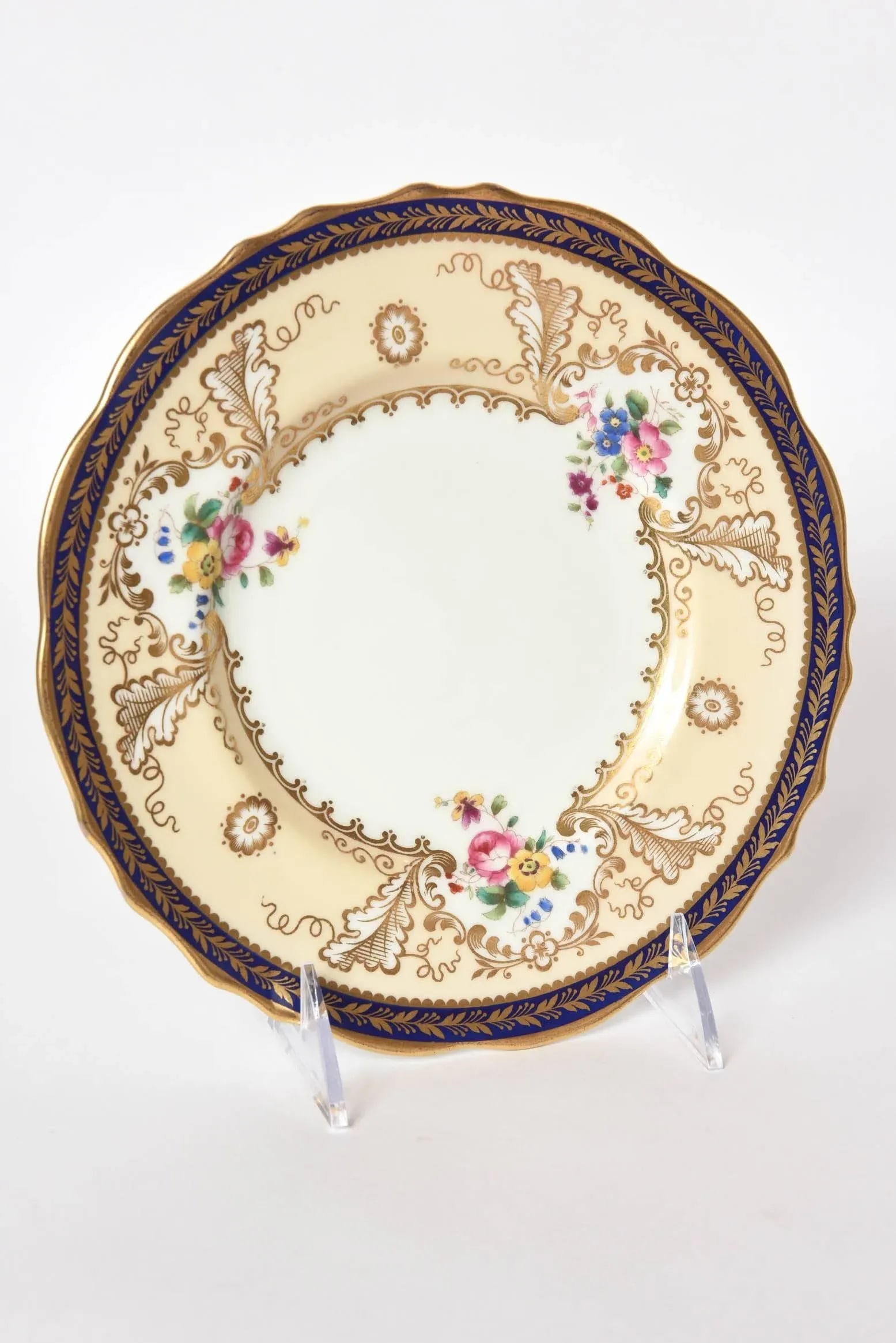12 Antique English Dessert Plates, Cobalt Blue and Hand-Painted Florals Tiffany - 4