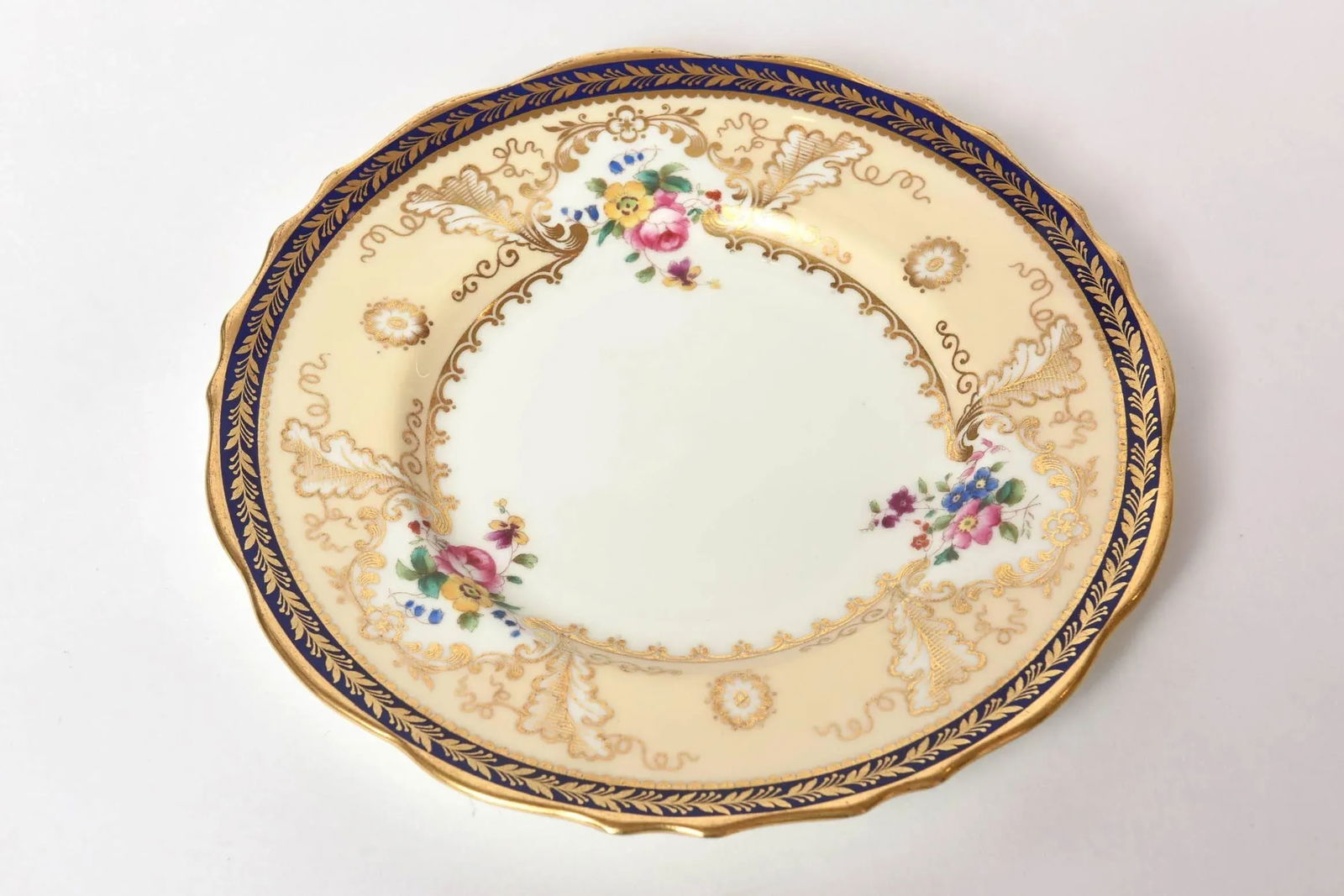 12 Antique English Dessert Plates, Cobalt Blue and Hand-Painted Florals Tiffany - 5