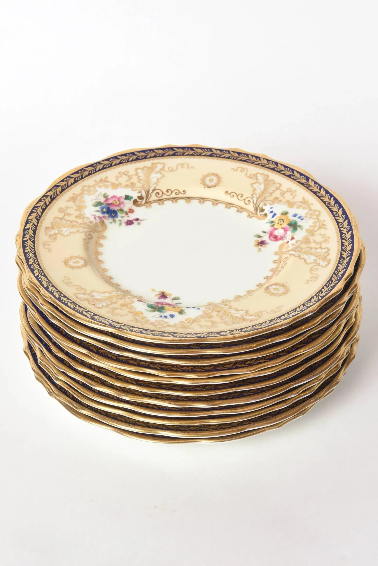 12 Antique English Dessert Plates, Cobalt Blue and Hand-Painted Florals Tiffany - 8