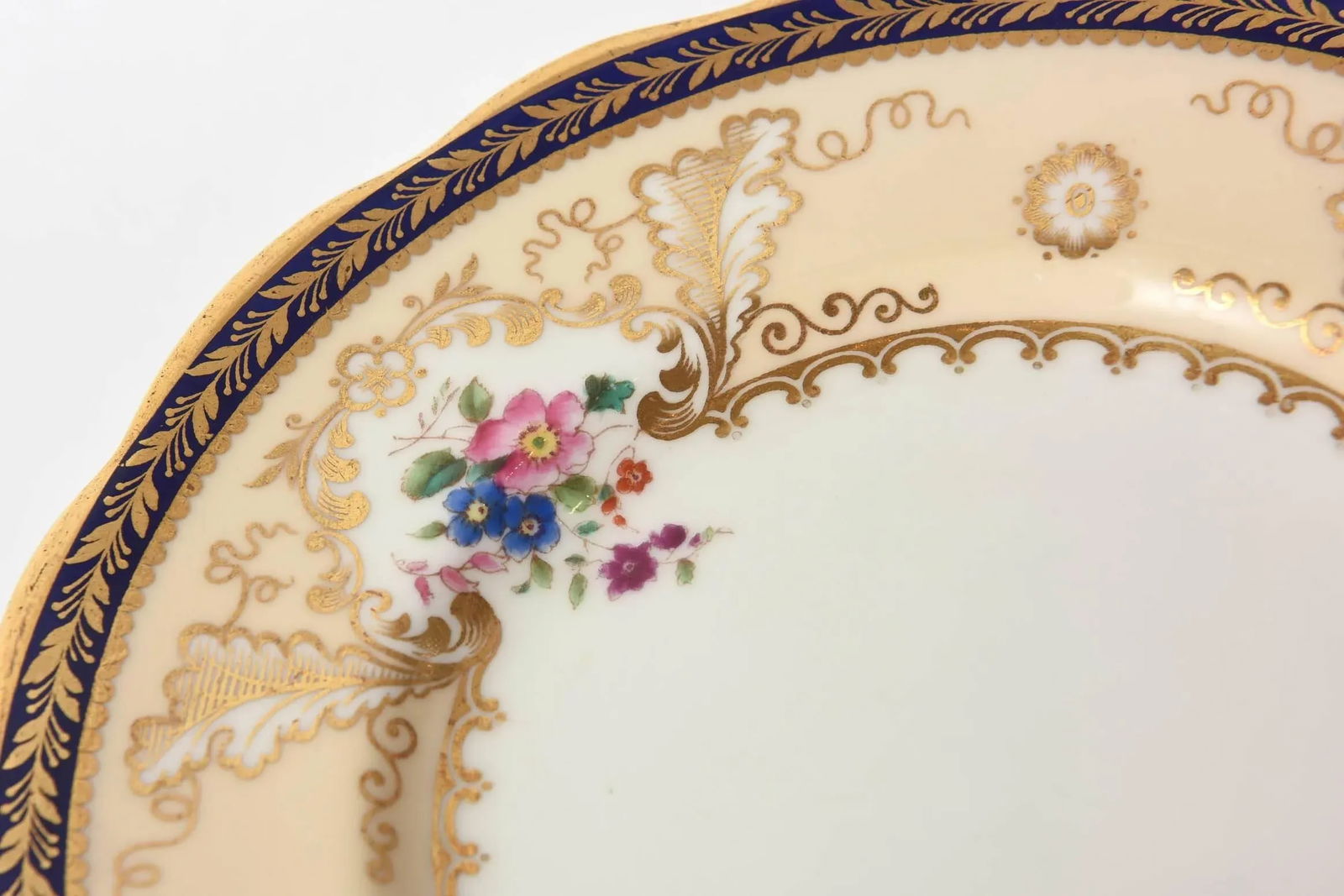 12 Antique English Dessert Plates, Cobalt Blue and Hand-Painted Florals Tiffany - 9