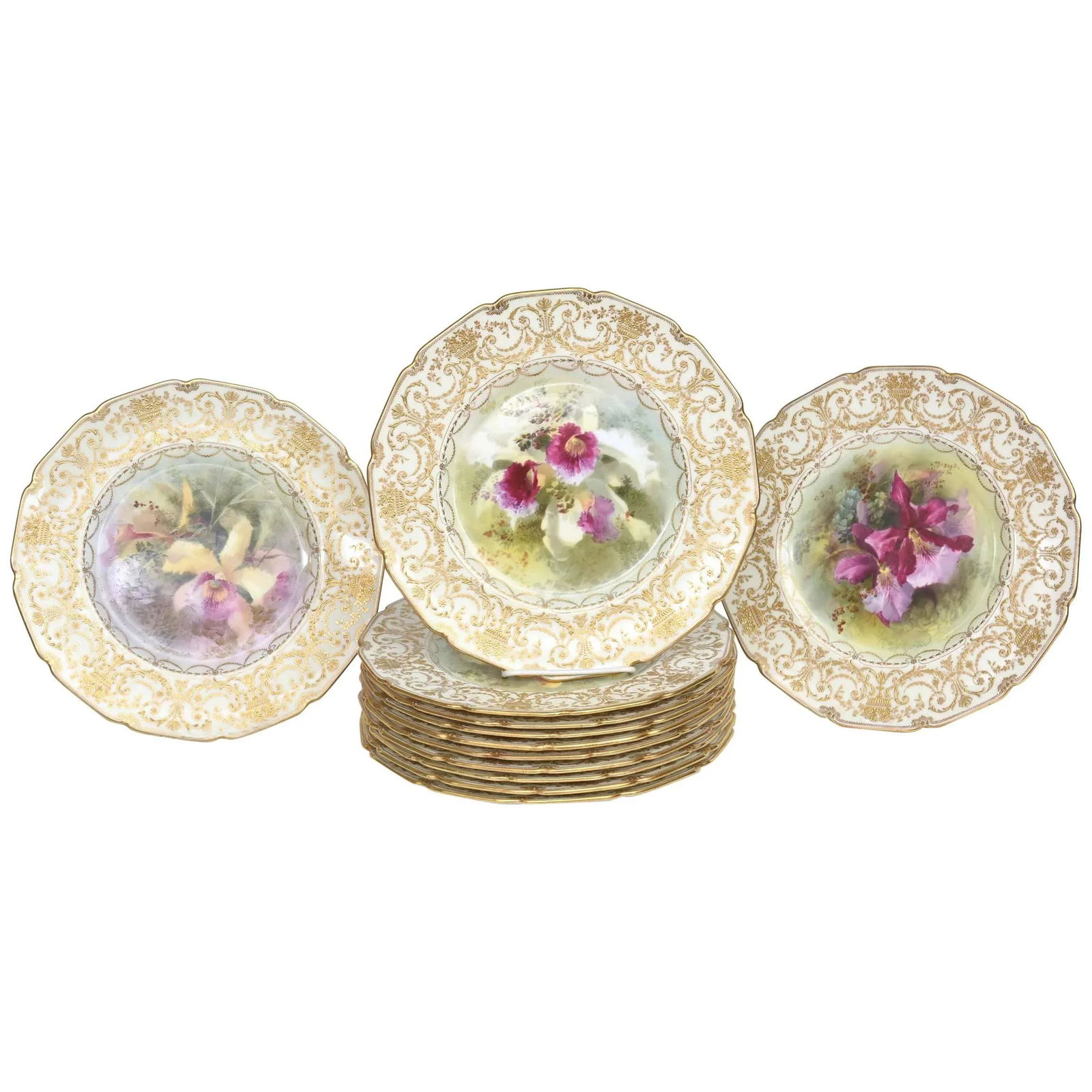 Set of 12 Orchid Presentation Plates, Ornate and Gilded - 11