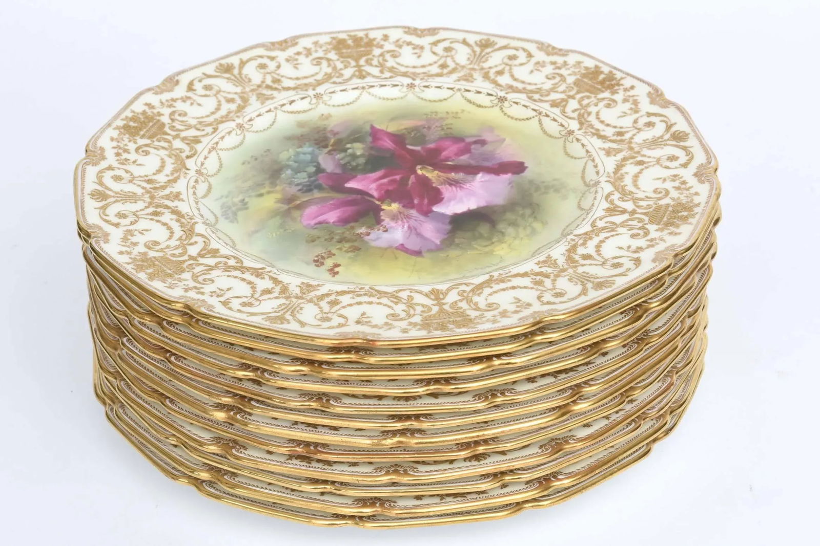 Set of 12 Orchid Presentation Plates, Ornate and Gilded - 2