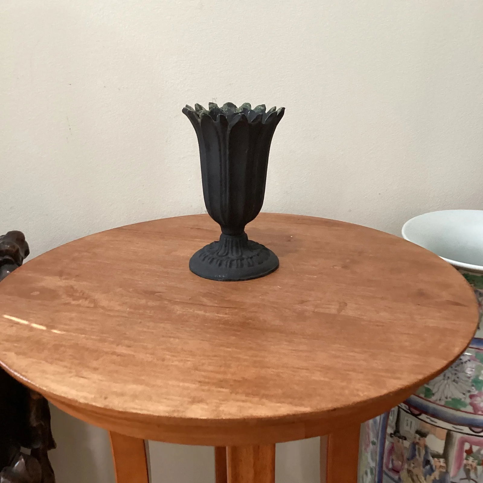 Vintage Tulips Scalloped Cast Metal Vase & Urn with Organic Patina - 11