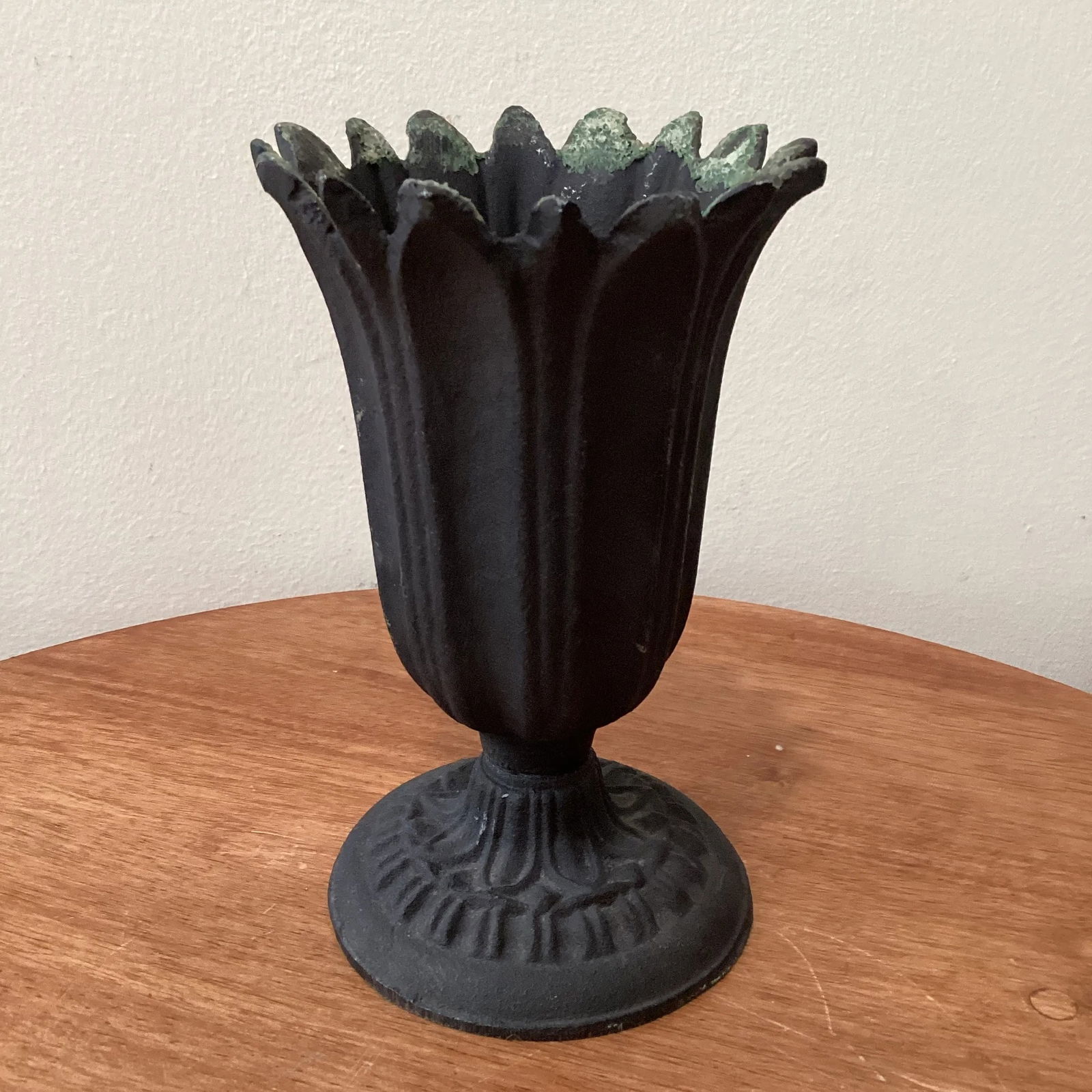 Vintage Tulips Scalloped Cast Metal Vase & Urn with Organic Patina - 2
