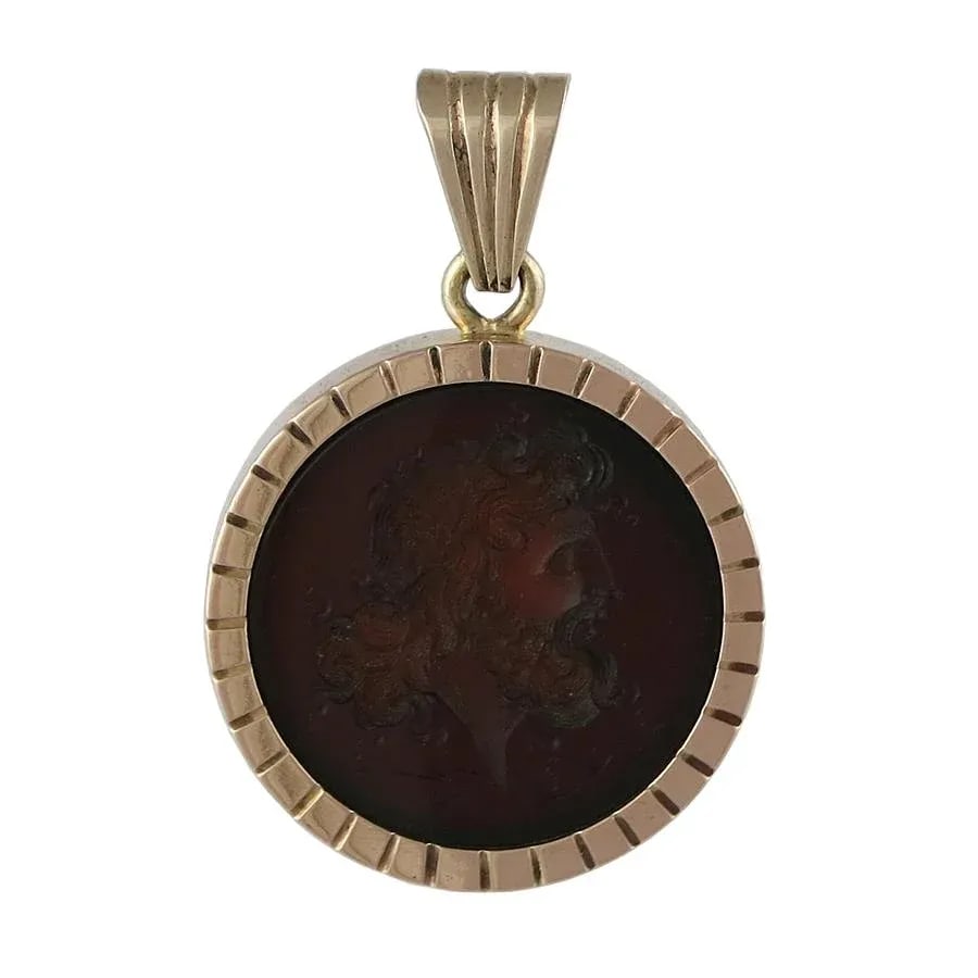 1870 14k Gold Etruscan Carved Onyx Intaglio Pendant - 3