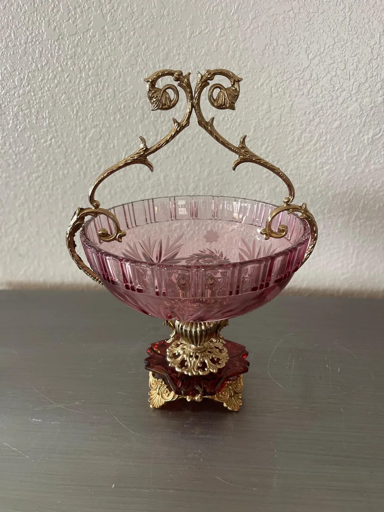 Italian Mid-Century Mauve Rose Cut Crystal and Brass Pedestal Compote Bowl - 10