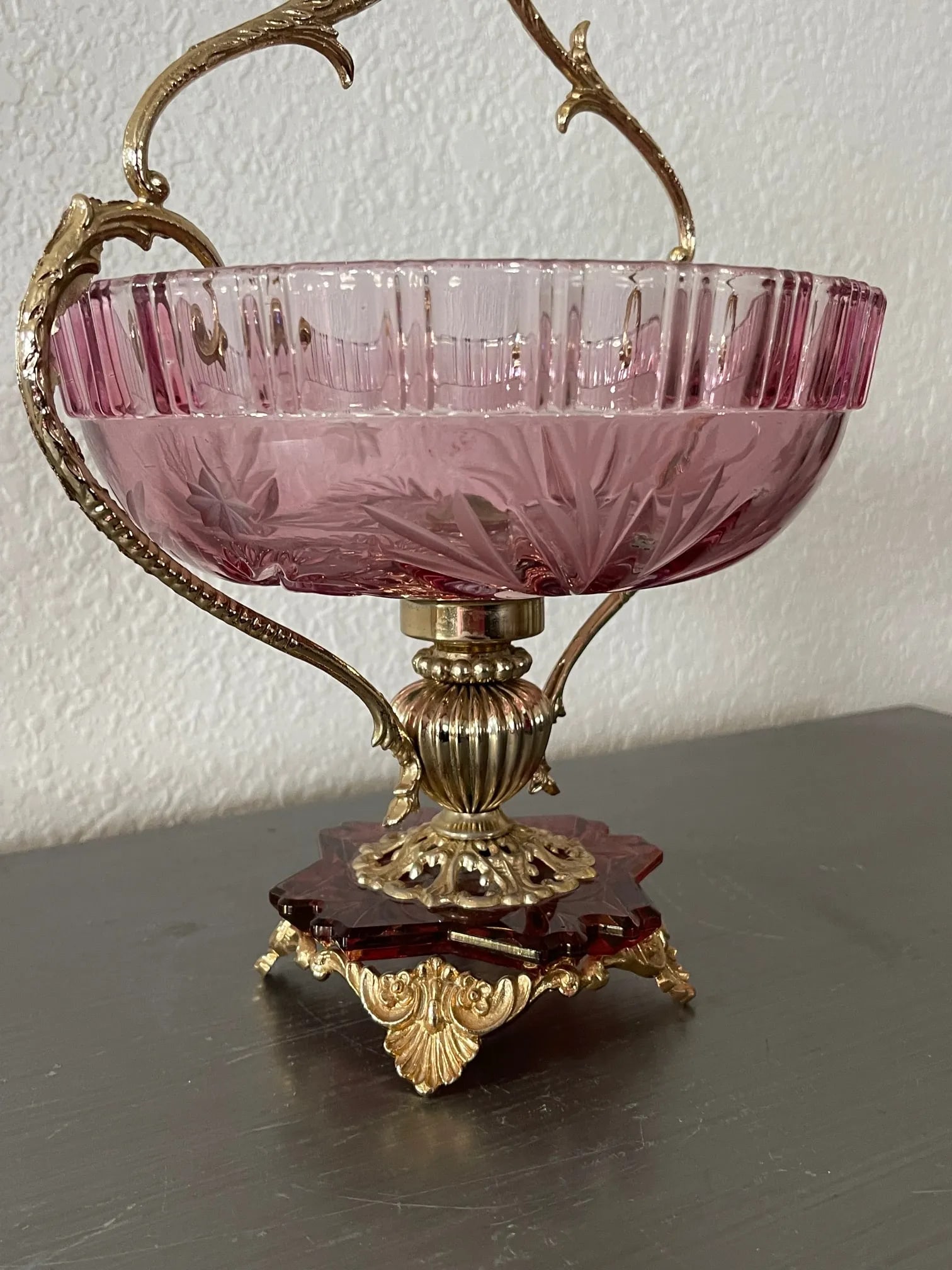 Italian Mid-Century Mauve Rose Cut Crystal and Brass Pedestal Compote Bowl - 2