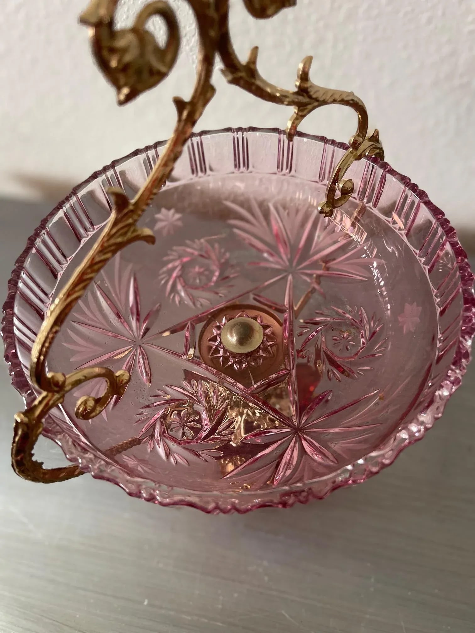 Italian Mid-Century Mauve Rose Cut Crystal and Brass Pedestal Compote Bowl - 4