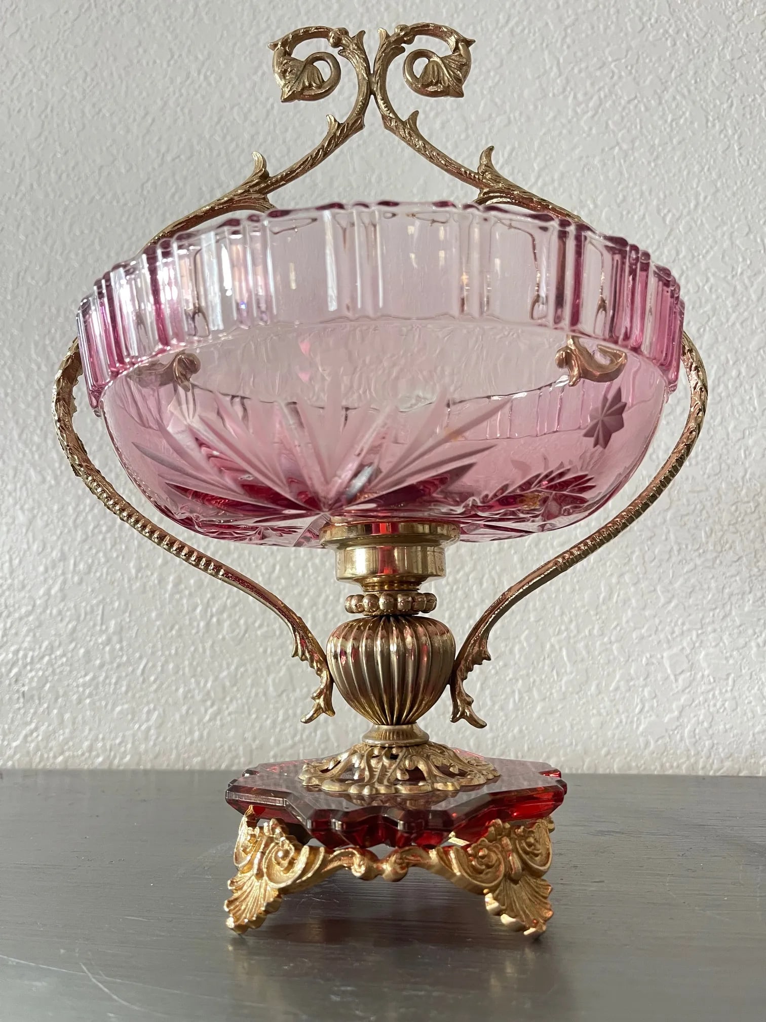 Italian Mid-Century Mauve Rose Cut Crystal and Brass Pedestal Compote Bowl - 5